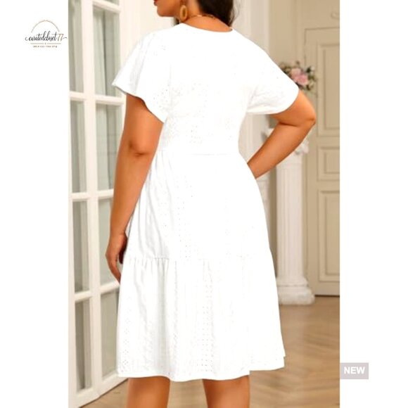 Plus Size Boho Sundress Eyelet Lace V Neck Tiered Midi Casual Summer - Picture 5 of 7